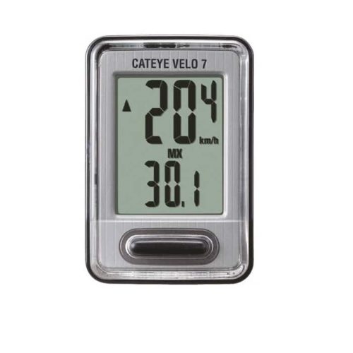 Cykeldator Cateye Velo 7 visar en aktuell hastighet på 20,4 km/h och en maximal hastighet på 30,1 km/h på sin digitala display.