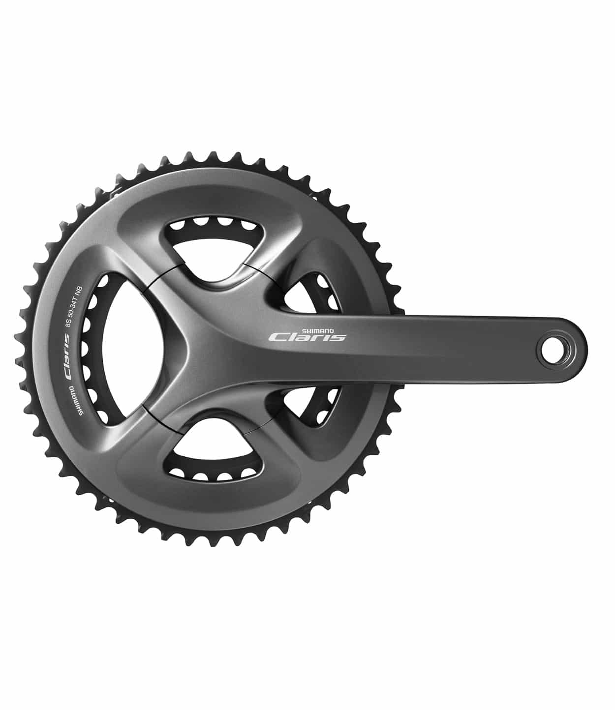 Vevparti-8-vxl-Dubbel-5034TClaris.jpg Crankset Shimano Claris FC-R2000 i grå metall, 50/34T, 2x8 växlar. Studioljus framhäver detaljerna, inklusive "Shimano Claris" logotypen.