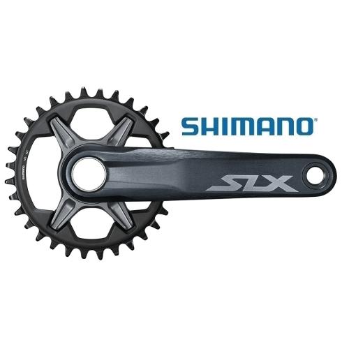 Detaljerat fotografi av ett Shimano SLX FC-M7100 1x12s vevparti utan drev. Mörktonad, med mjukt ljus som framhäver texturer och den distinkta SLX-logotypen. Professionell produktbild med vit bakgrund.