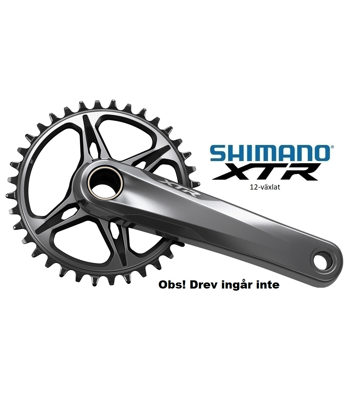 Vevparti-shimano-xtr-fc-m9120-boost.png En detaljerad bild av ett Shimano XTR FC-M9120 Boost 1x12 vevparti mot en ljus bakgrund, med fokus på kedjekransens intrikata design och den eleganta grå finishen. 'Obs! Drev ingår inte' är synligt.