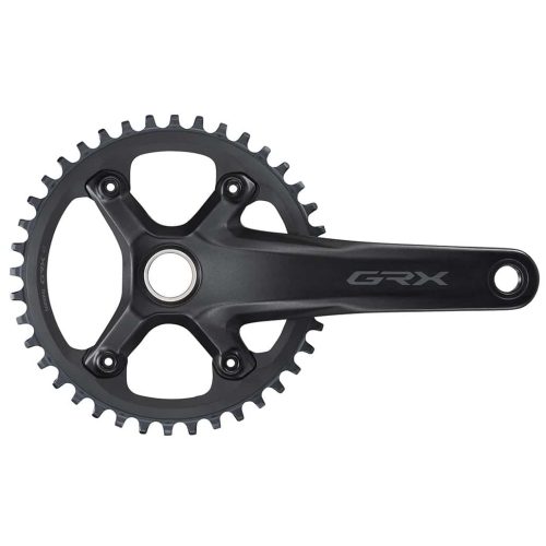 Shimano GRX FC-RX600 40T vevparti, skickligt belyst, framhäver de precisa detaljerna och den mattsvarta finishen. Idealisk för 1x11-växlade gravelcyklar, ger robust prestanda och tillförlitlighet.