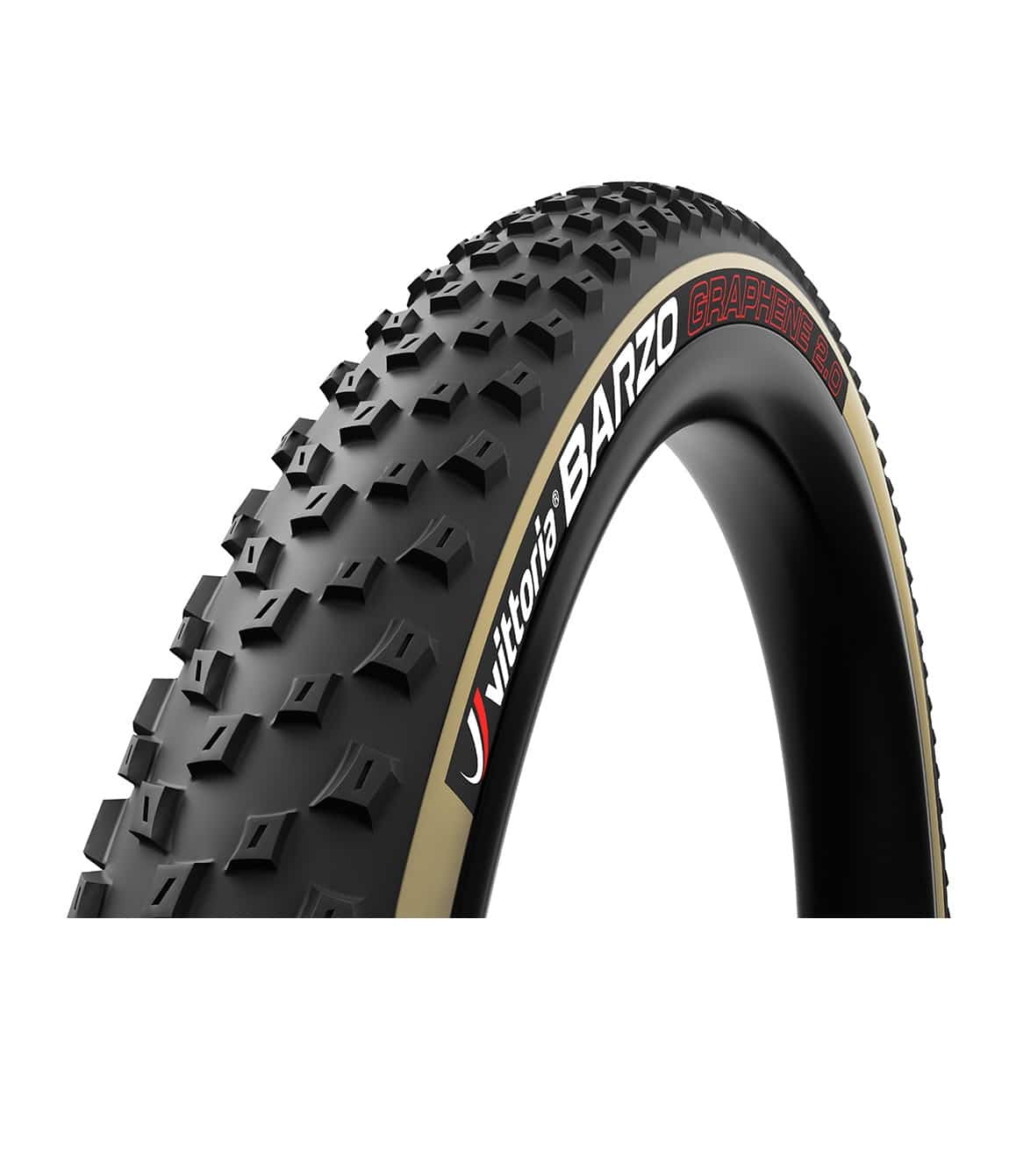 Vittori-Barzo-Tan-svart.jpg Närbild av ett Vittoria Barzo MTB-däck med tan-sidovägg och svarta knoppar, framhävt i starkt ljus som betonar dess detaljer och mönster. Texten "Vittoria Barzo" är tydligt synlig.