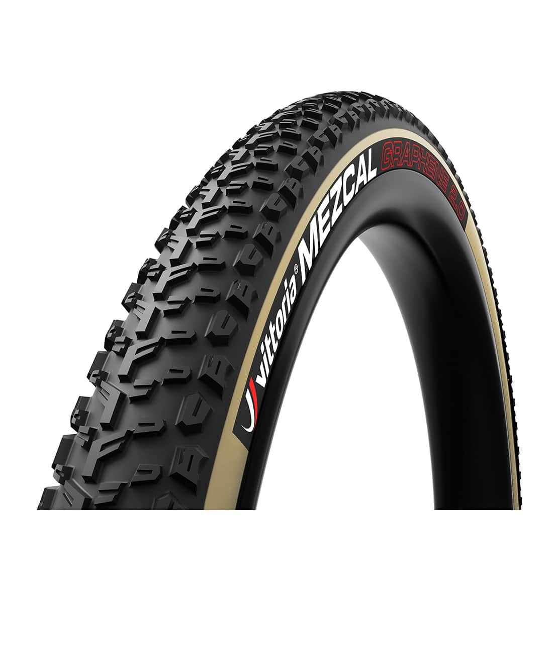 Vittoria-Mezcal-Tan-Svart.jpg Detaljerat foto av ett Vittoria Mezcal 29" MTB-däck med tan sidovägg och svarta däckmönster, tydligt belyst för att framhäva dess struktur och design.