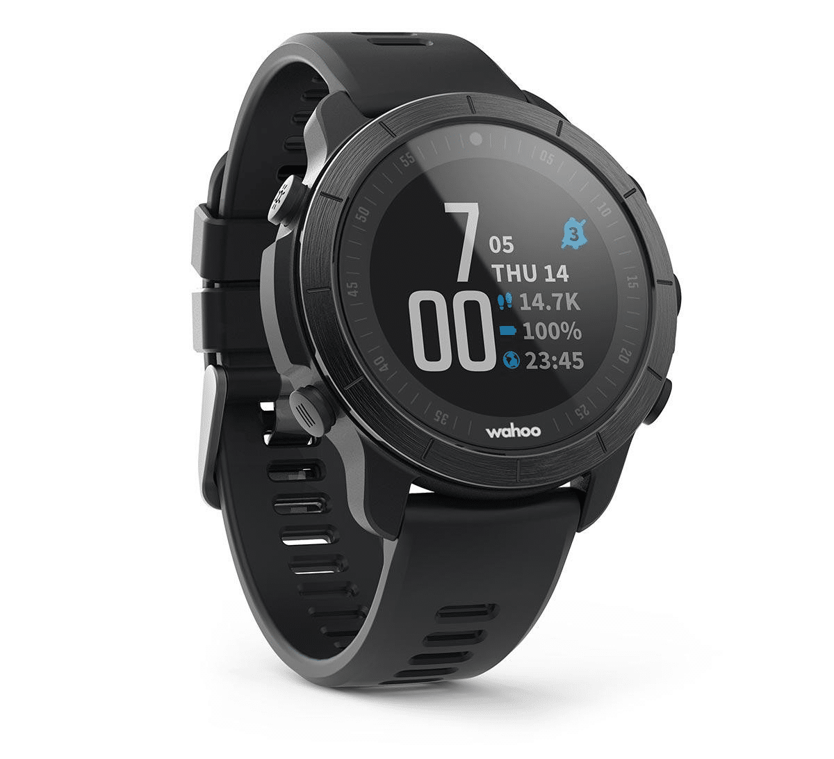 Wahoo-multiklocka.png Wahoo Elemnt Rival Multisport GPS klocka i stealth grey har en rund skärm som visar tid, datum, steg, batterinivå och meddelanden. Den har ett silikonband och är fotograferad i en vinkel mot en vit bakgrund.
