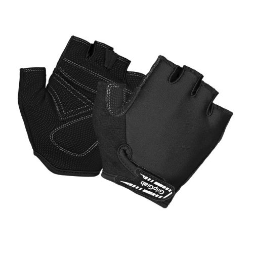 Två svarta GripGrab X-Trainer Junior cykelhandskar visas i studioljus. Handskarna har en ventilerande design och GripGrabs logotyp syns tydligt på remmen.