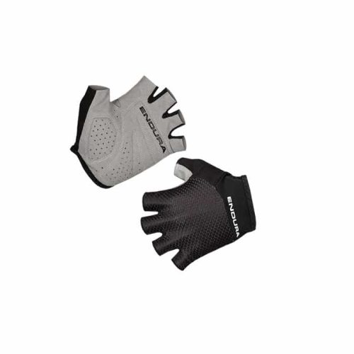 Ett par Endura Xtrakt Lite Mitt fingerlösa cykelhandskar, den ena med grå vadderad handflata och den andra med svart texturerad baksida med "Endura"-märke på båda.
