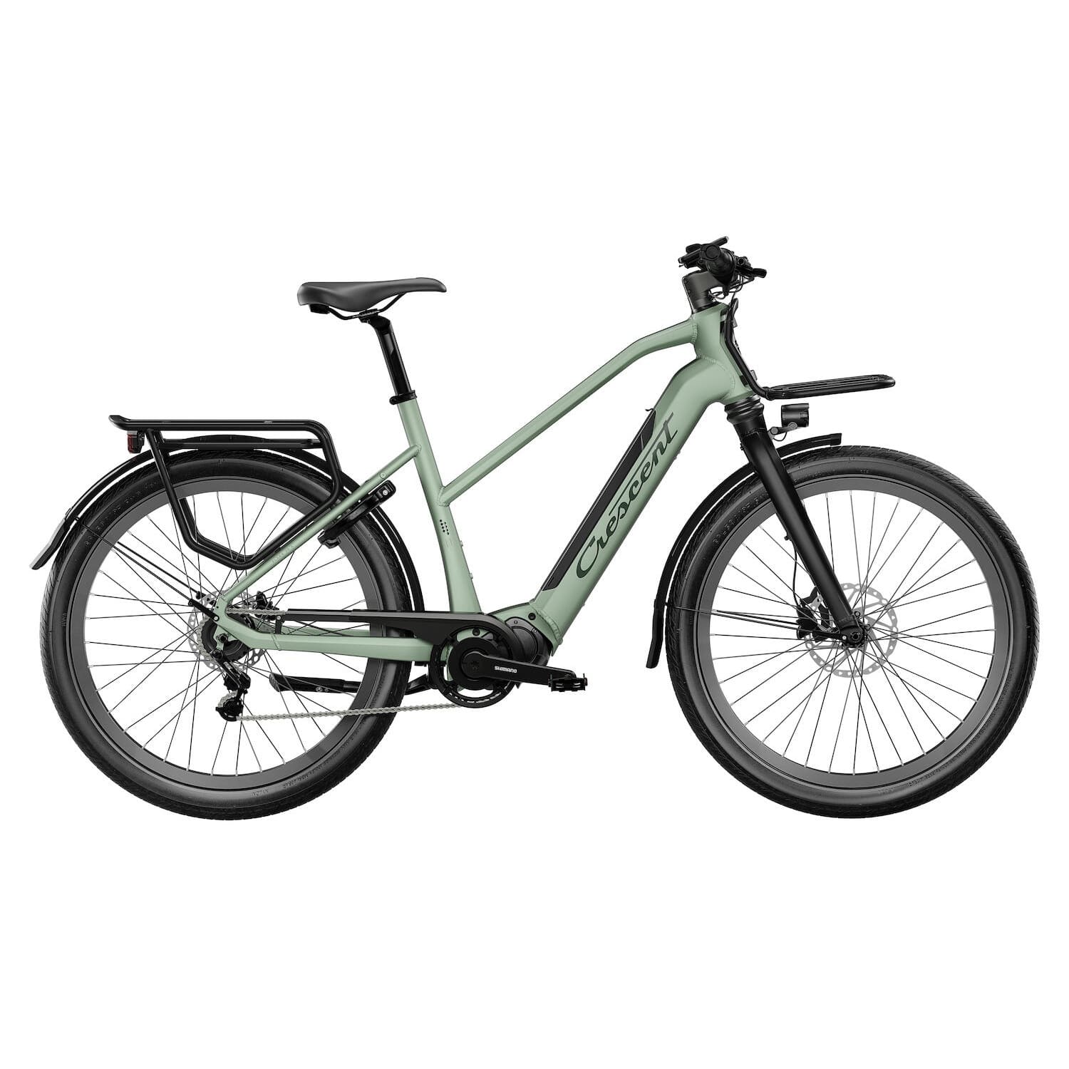 YEC535__31crescent_elska20S_dustygreen.jpg En mattgrön elcykel med genomgående ram, fram- och bakskärmar, lasthållare bak, svart sadel och rakt styre, visad i profil mot en vit bakgrund.