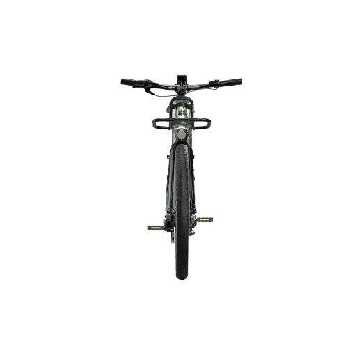 Svart cykel framifrån mot vit bakgrund, med styre, framdäck, pedaler och främre pakethållare.
