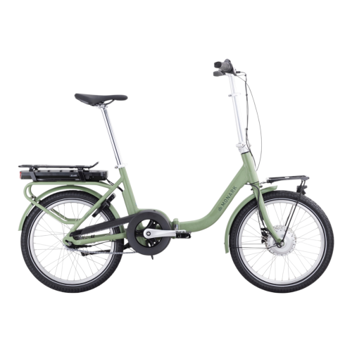 En blå Elcykel Monark Delbar EL 20" 3-växlad hopfällbar elcykel med bakre batteri, svart sadel, upprätt styre, skärmar, pakethållare och små hjul visas i profil mot en vit bakgrund.
