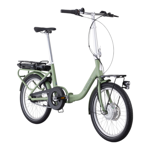 Elcykel Monark Delbar EL 20" 3s, Blå är en blå hopfällbar elcykel med pakethållare, fram- och bakskärmar, upprätt styre och framlampa, mot en vit bakgrund.