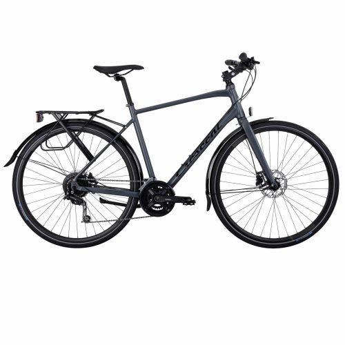 Herrcykel Crescent Salto 2x9s, mattsvart, är en mattsvart hybridcykel med platt styre, pakethållare, fram- och bakskärmar, skivbromsar och flera växlar, som visas i sidoprofil mot en vit bakgrund.