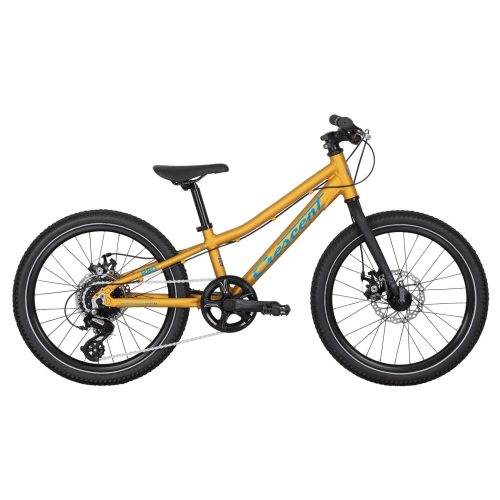 En gul mountainbike för barn med svarta däck, svart sadel, fram- och bakväxel och rakt styre visas från sidan mot en vit bakgrund.