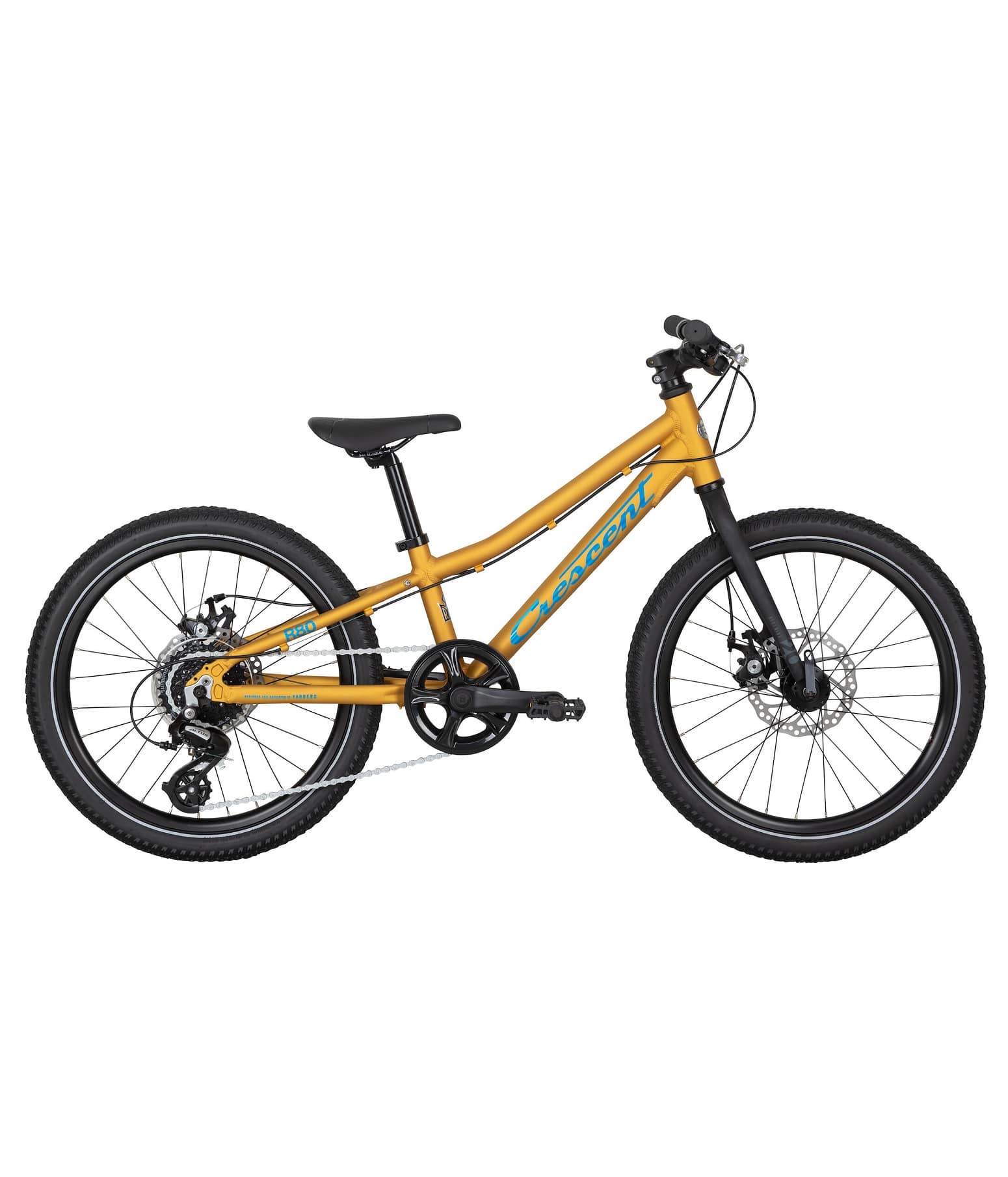YQC448-01-CRESCENT-R80-20-MUSTARD.jpg En gul mountainbike för barn med svarta däck, svart sadel, fram- och bakväxel och rakt styre visas från sidan mot en vit bakgrund.