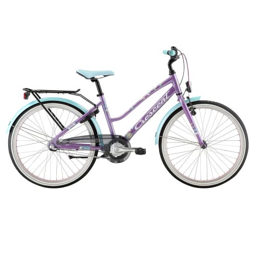 En lila Crescent-cykel med ljusblå sadel, styre och skärmar, med bakre lasthållare och vita däck, visad i profil mot en vit bakgrund.