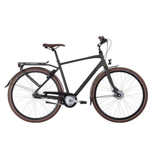Grön herrcykel Crescent Tarfek, stilren design med bruna däck och sadel, fångad i skarpt ljus mot en ren, vit bakgrund.