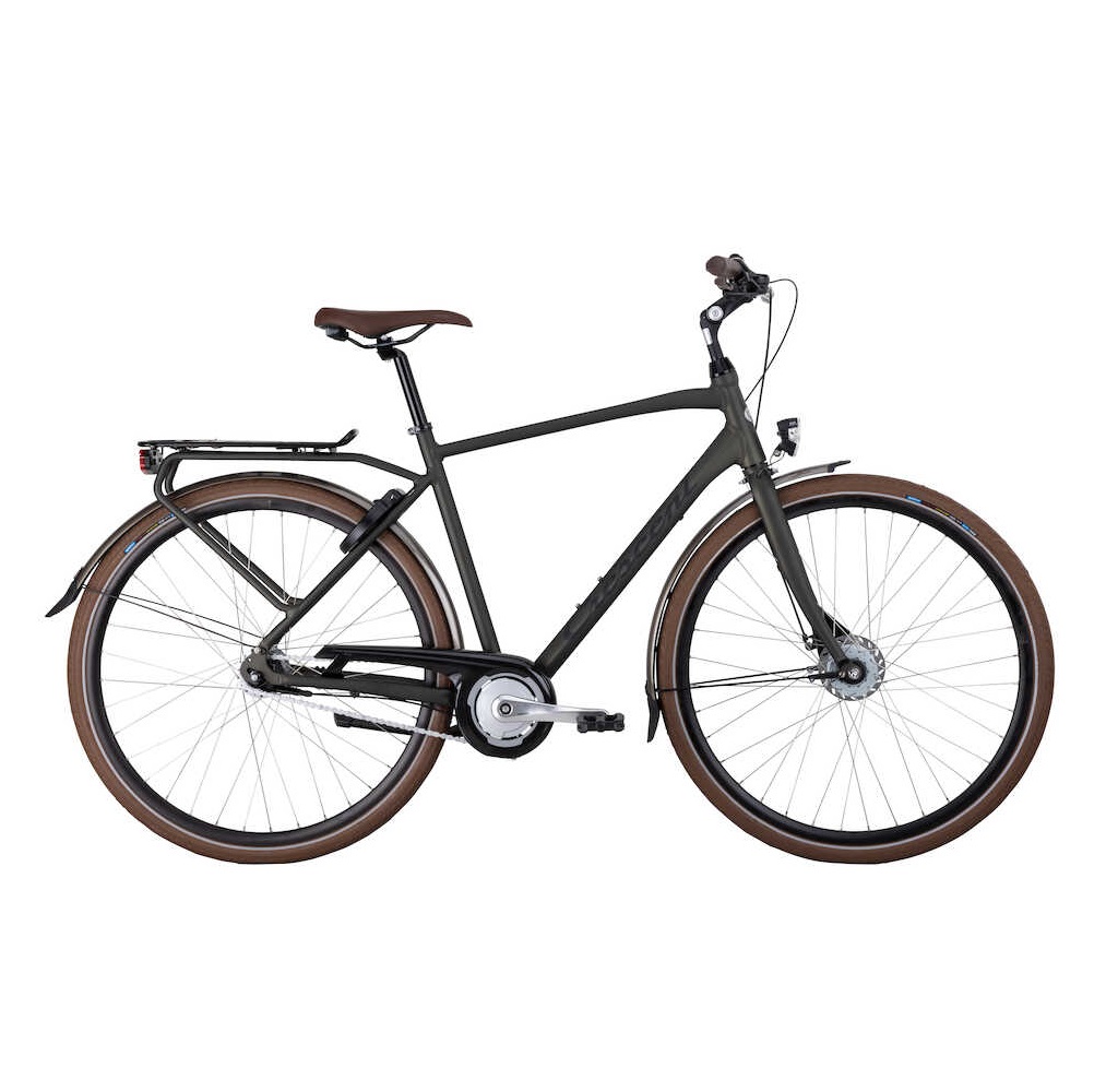 YQC747__02##crescent tarfek green_26948_preview Grön herrcykel Crescent Tarfek, stilren design med bruna däck och sadel, fångad i skarpt ljus mot en ren, vit bakgrund.