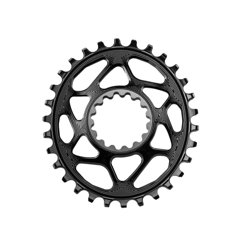 Svart AbsoluteBlack oval direct mount 32t drev framträder mot en ren, vit bakgrund. Detaljerad design med geometriska utskärningar och precisionsfrästa tänder, fångat i mjukt, jämnt ljus.