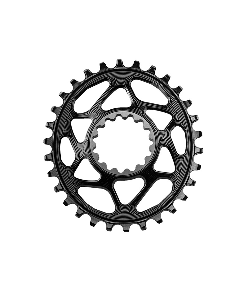 absolute-black-32t-oval.png Svart AbsoluteBlack oval direct mount 32t drev framträder mot en ren, vit bakgrund. Detaljerad design med geometriska utskärningar och precisionsfrästa tänder, fångat i mjukt, jämnt ljus.