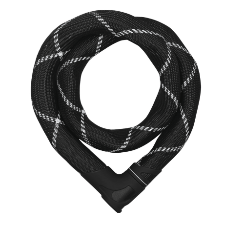 Kättinglås Abus Iven 8210, 85 cm är ett svart cykellås i spiralform med överdrag av vävt tyg, vita diagonala sömmar och en låsmekanism av svart plast i ena änden.