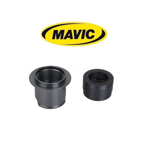 Två Mavic-adaptrar för bakhjul, en med gängor och en cylindrisk, presenterade mot en ren vit bakgrund under Mavic-logotypen. Jämnt ljus framhäver produktdetaljerna.