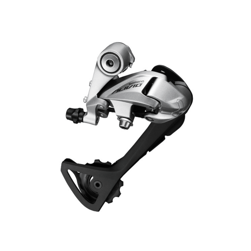 En detaljerad bild av en Shimano Alivo RD-T4000 SGS bakväxel för 9-växlade system, belyst för att framhäva dess silverfärgade metall och svarta plastdetaljer. Växeln är placerad mot en vit bakgrund.