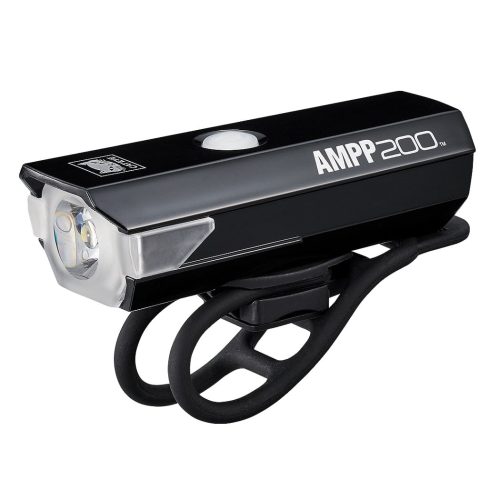 En Framlampa CatEye AMPP200 lumen svart cykelstrålkastare med vit frontlins och flexibel monteringsrem i gummi visas mot en vit bakgrund.
