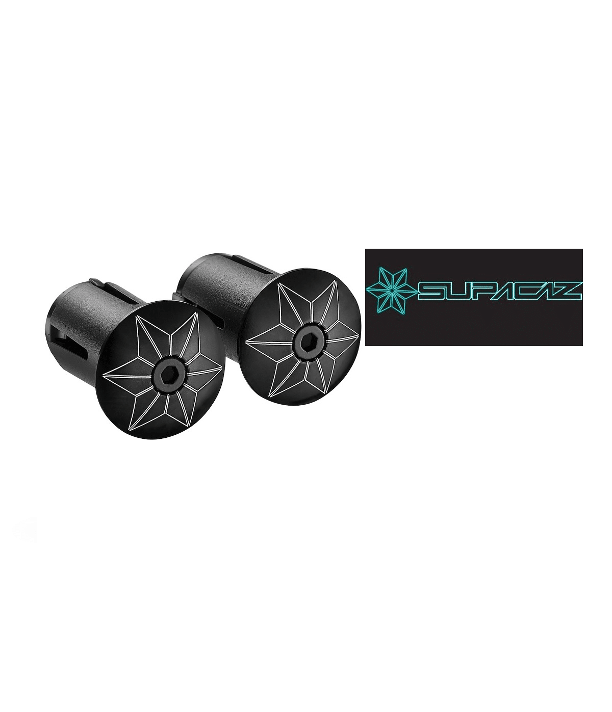 andplugg-supercaz-star-plugz-anodized-svart.png Två anodiserade Supercaz Star Plugz-ändpluggar i svart med stjärndesign, placerade intill en svart rektangel med en blå Supercaz-logotyp. Neutral bakgrund och jämnt ljus framhäver produktdetaljerna.