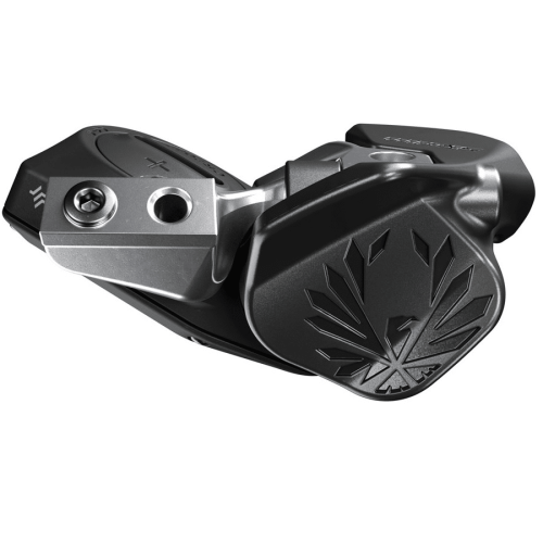 Närbild av ett svart och silverfärgat Sram XX1 Eagle AXS Trigger växelreglage