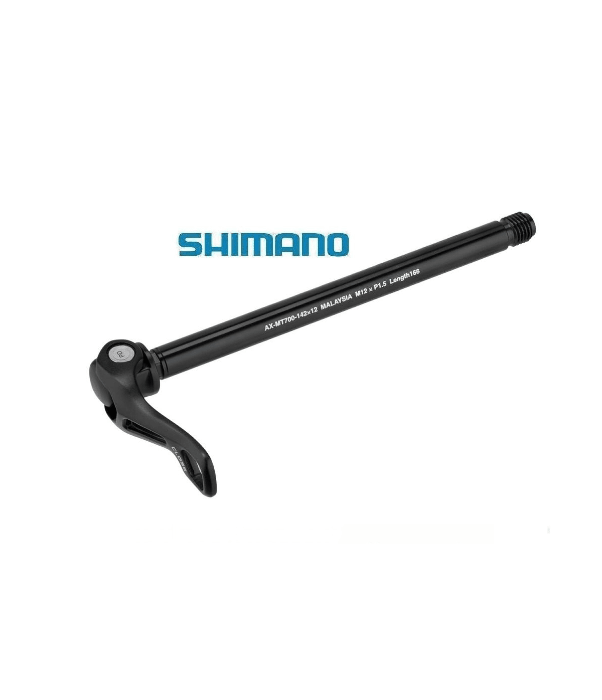 bakaxel-shimano-e-thru-ax-mt700-12-142mm.png En detaljerad bild av en Shimano E-Thru AX-MT700 bakaxel, 12x142mm, mot en ren vit bakgrund. Belysningen är jämn och framhäver axelns svarta yta och dess distinkta Shimano-märkning.