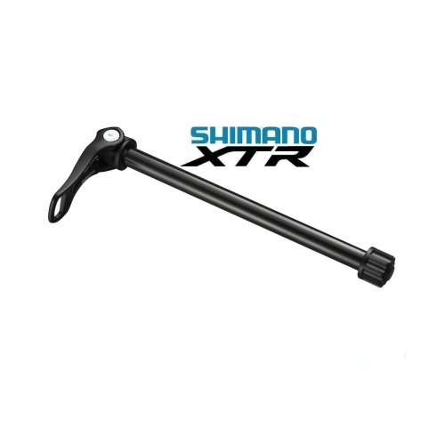 Svart Shimano E-Thru SM-AX76 12x142mm bakaxel presenterad i en detaljerad produktbild med tydlig belysning och skärpa. Produktlogotypen "Shimano XTR" är placerad över produkten.