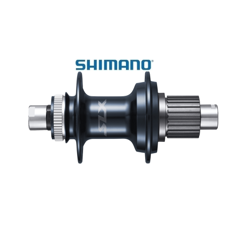 Detaljerad bild av ett Shimano SLX HB-7110 baknav med 12x142 dimensioner. Metallisk glans i mörkgrå färg, med texten "Shimano" och "SLX" tydligt synliga. Professionell produktfotografering i studiobelysning.