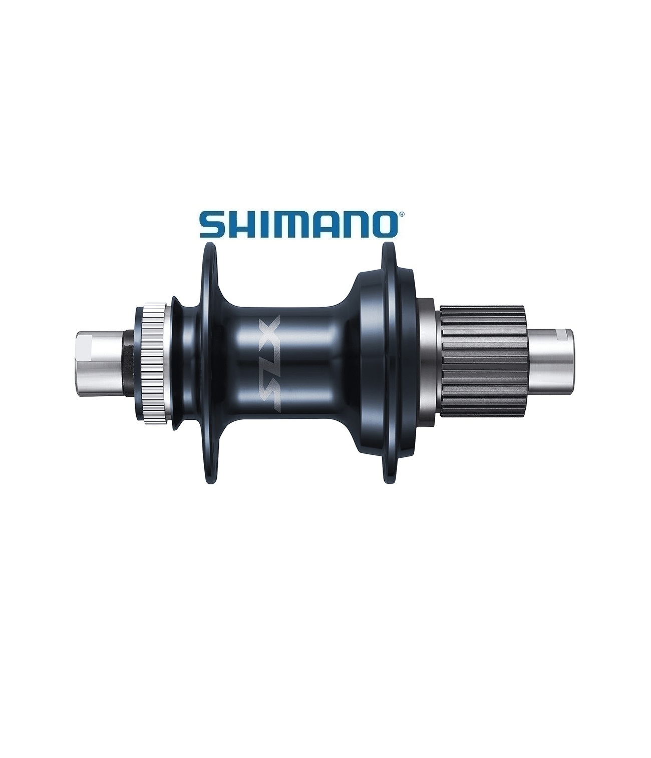 baknav-shimano-slx-m7110-disc-12-del.png Detaljerad bild av ett Shimano SLX HB-7110 baknav med 12x142 dimensioner. Metallisk glans i mörkgrå färg, med texten "Shimano" och "SLX" tydligt synliga. Professionell produktfotografering i studiobelysning.