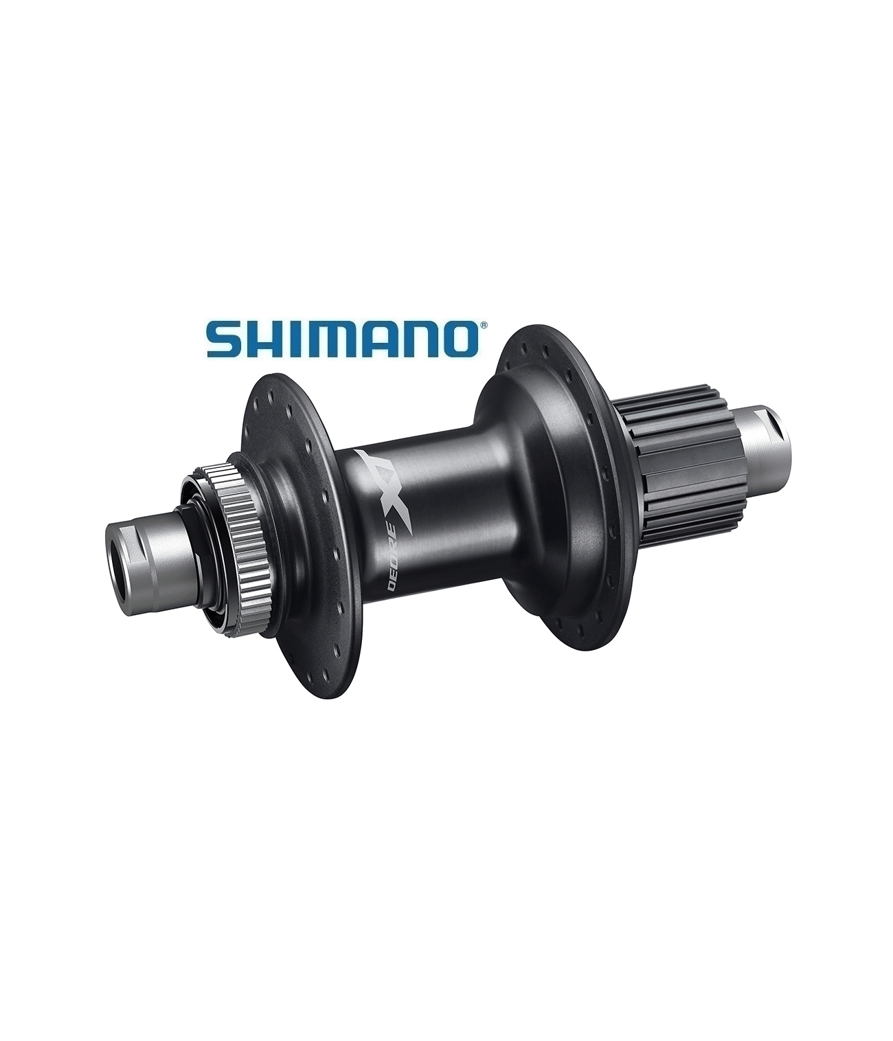 baknav-shimano-xt-fh-m8110-disc.png Svart Shimano XT FH-8110 baknav i fokus, belyst i en studioatmosfär. Detaljerade kuggar och "DEORE XT" texten syns tydligt mot den ljusa bakgrunden, vilket framhäver produktens design.
