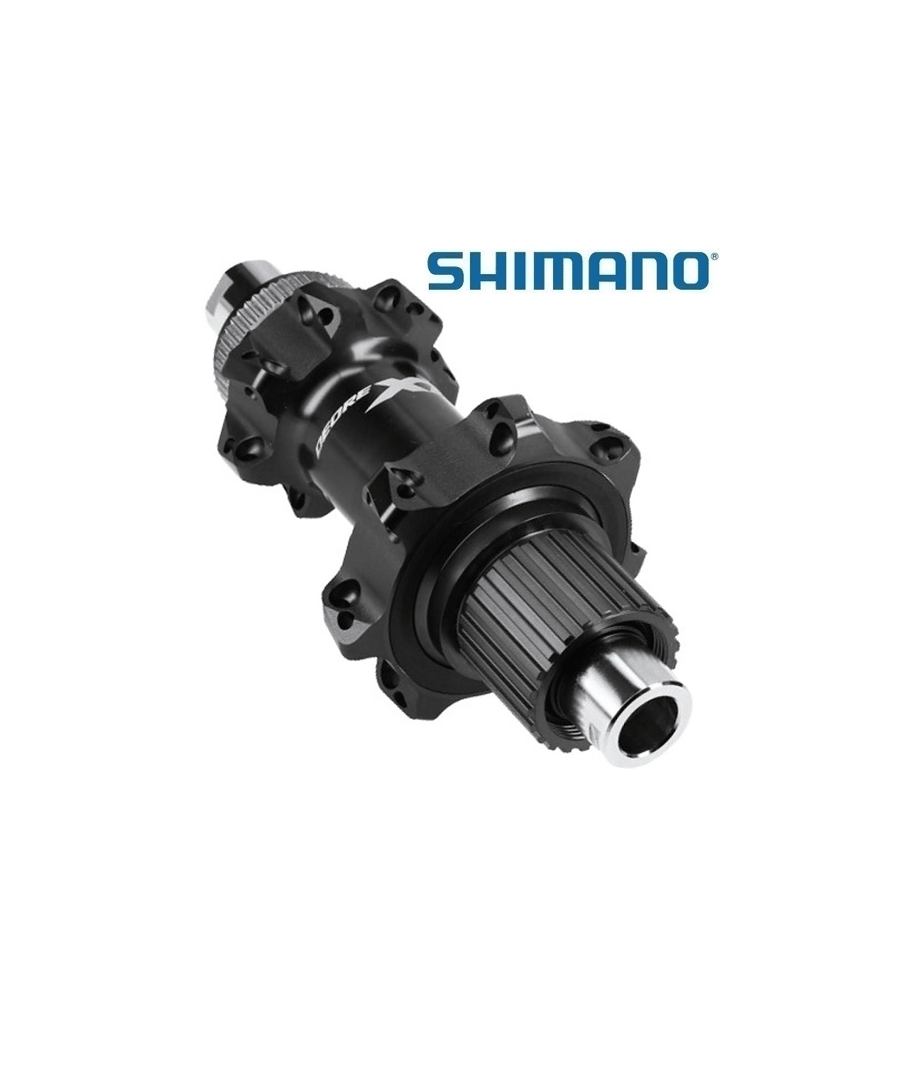 baknav-shimano-xt-fh-m8110-straight-pull-disc-12-vxl-boost.png Svart Shimano XT FH-M8110 baknav, 12x148mm, framträdande i detalj med skarpt ljus som framhäver designen och texten. Professionell produktfotografering för e-handel.