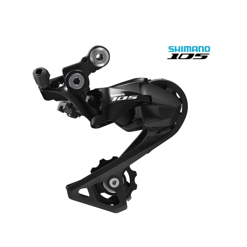 Svart Shimano 105 RD-R7000 bakväxel för 11-växlade system, detaljerat fotograferad mot en ren vit bakgrund. Belysningen framhäver formen och materialen.