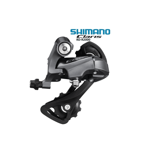 Detaljerad bild av en Shimano Claris RD-R2000 8-växlad bakväxel. Komponenten är väl belyst, vilket framhäver dess precisa konstruktion och design. Metalliska och svarta detaljer. Ren produktbild.