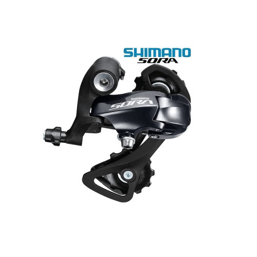 Svart Shimano Sora RD-R3000 bakväxel, avsedd för 9-växlade system, presenteras i detalj med bra belysning som framhäver dess konstruktion och design.