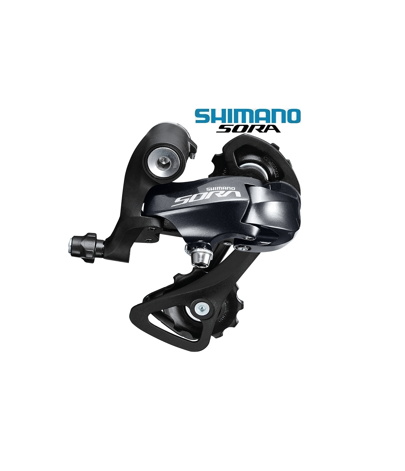 bakvaxel-shimano-rd-r3000-9-vxl.png Svart Shimano Sora RD-R3000 bakväxel, avsedd för 9-växlade system, presenteras i detalj med bra belysning som framhäver dess konstruktion och design.