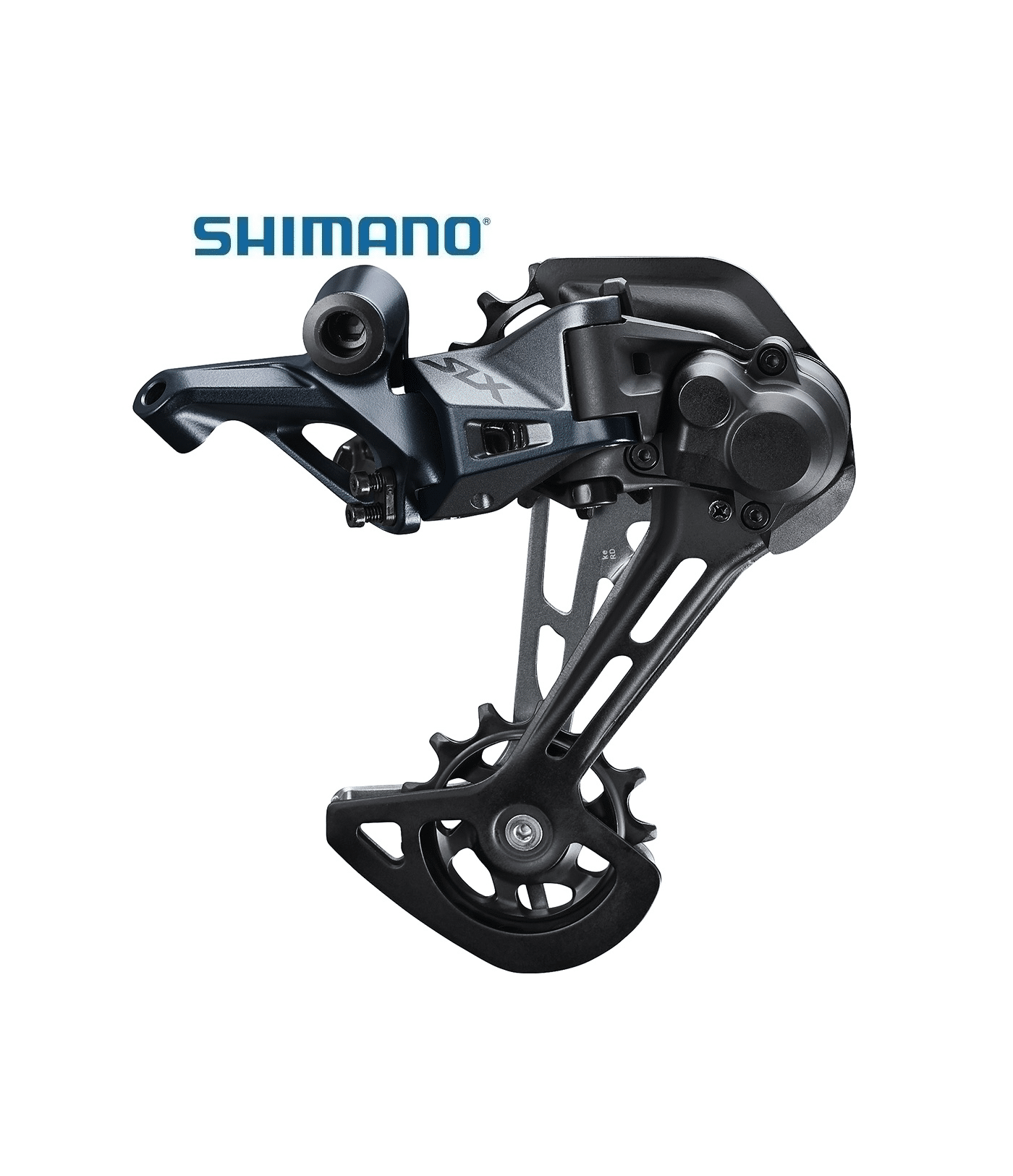 bakvaxel-shimano-slx-m7100-shadow-12-vaxlad.png Detaljrik bild av en Shimano SLX RD-M7100 Shadow+ bakväxel för 12-växlade system. Den är framställd mot en ren vit bakgrund med studiobelysning som accentuerar dess design och konstruktion.