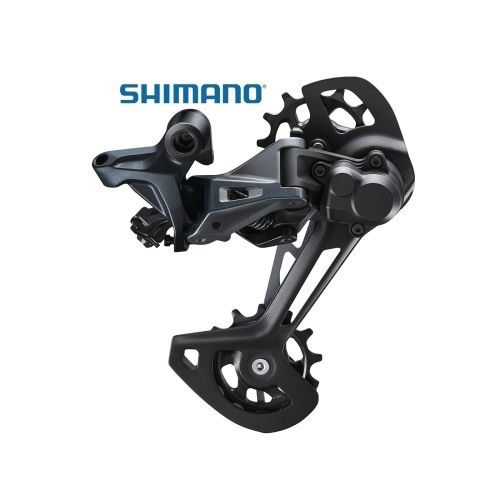 Närbild av en Shimano SLX RD-M7120 Shadow+ bakväxel för 12-växlade cyklar. Detaljrik bild med fokuserad belysning som framhäver växelns komplexa mekanik och svarta ytor.