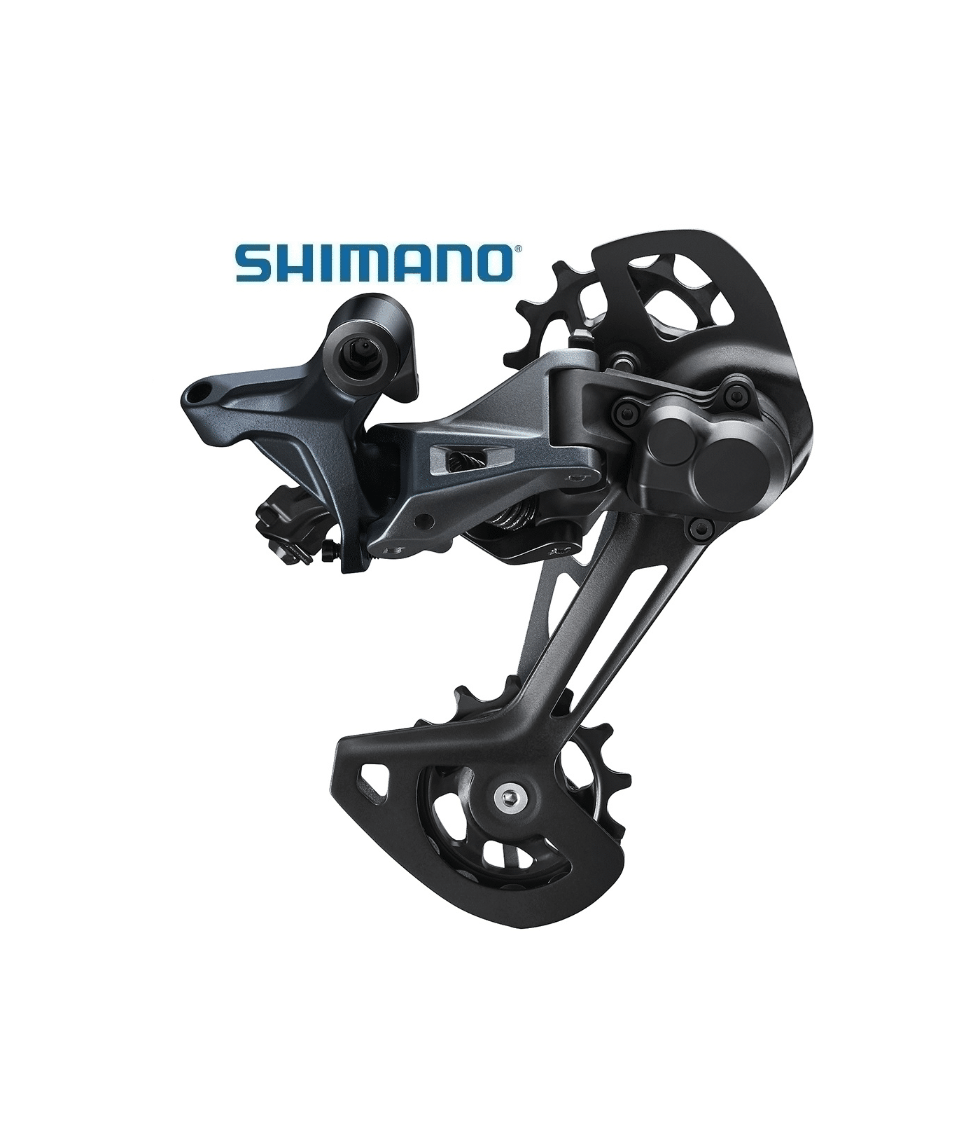 bakvaxel-shimano-slx-m7120-shadow-12-vaxlad.png Närbild av en Shimano SLX RD-M7120 Shadow+ bakväxel för 12-växlade cyklar. Detaljrik bild med fokuserad belysning som framhäver växelns komplexa mekanik och svarta ytor.