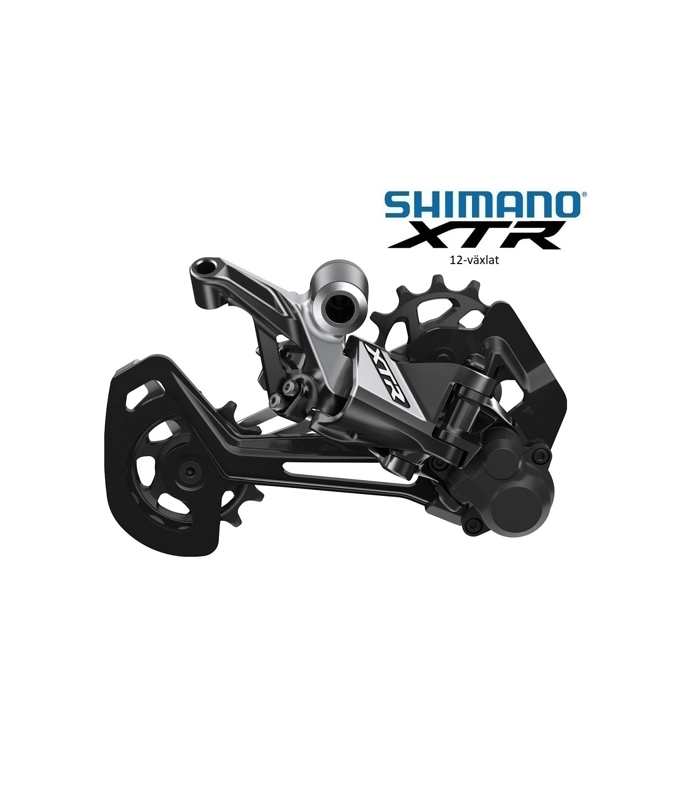 bakvaxel-shimano-xtr-m9100-shadow-12-vaxlad.png En Shimano XTR RD-M9100 Shadow+ 12-växlad bakväxel visas i studiokvalitet. Metalliska och svarta detaljer framhävs av ljuset