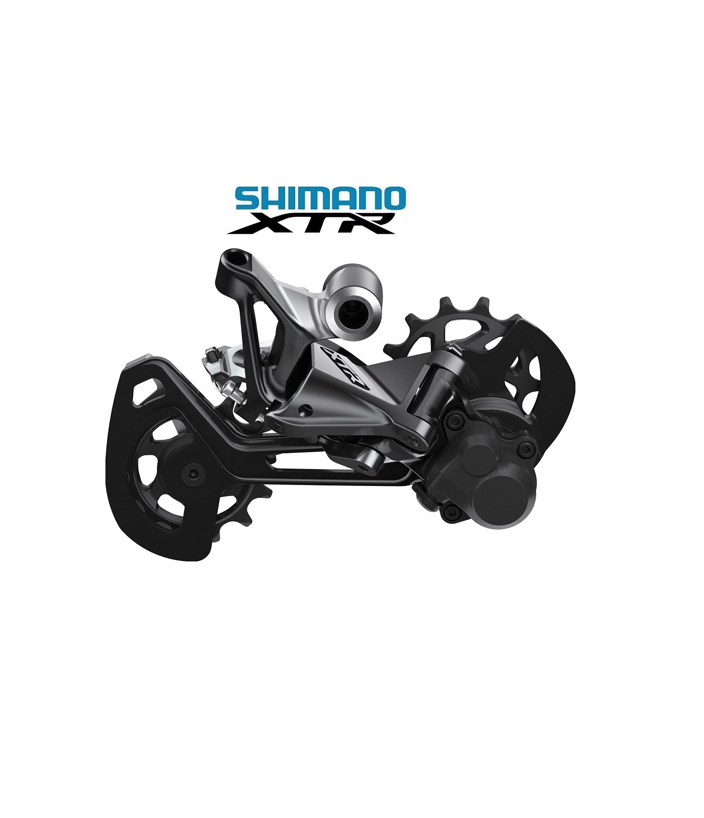 bakvaxel-shimano-xtr-m9120-shadow-12-vaxlad.png Närbild på en Shimano XTR RD-M9120 Shadow+ bakväxel för 12 växlar. Detaljerad bild med fokus på komponenternas komplexitet och material. Stark kontrast mot vit bakgrund, vilket lyfter fram växeln.