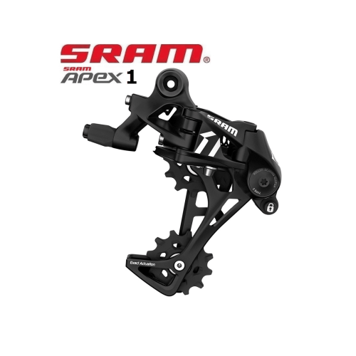 Närbild av en svart Sram Apex 1 bakväxel för 11-växlat system. Detaljerade komponenter och text som "Exact Actuation" är synliga. Studiobelysning framhäver växels eleganta design.