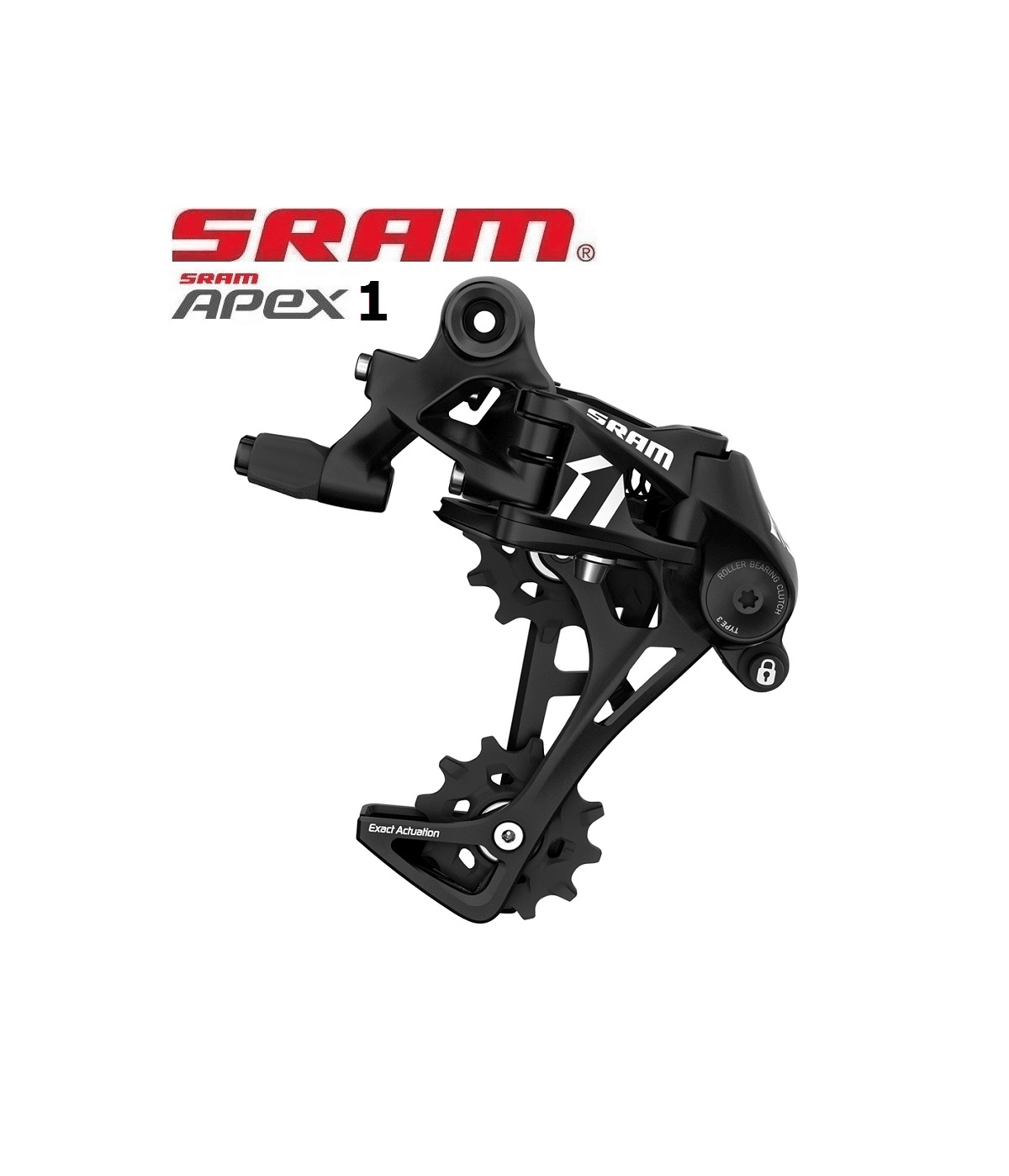 bakvaxel-sram-apex-1-11-vxl.png Närbild av en svart Sram Apex 1 bakväxel för 11-växlat system. Detaljerade komponenter och text som "Exact Actuation" är synliga. Studiobelysning framhäver växels eleganta design.