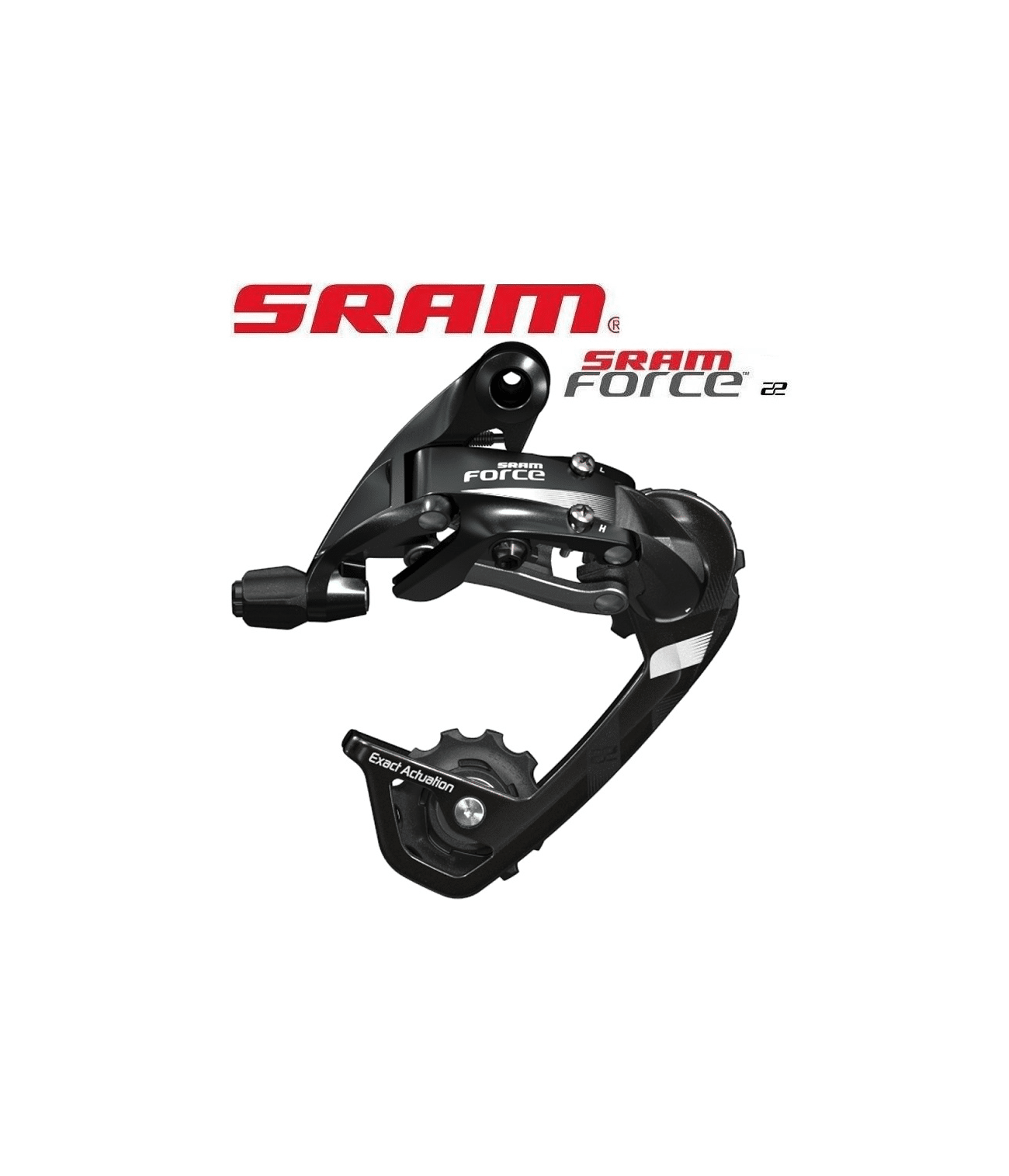 bakvaxel-sram-force-22-11-vxl.png SRAM Force 22 bakväxel, en 11-växlad komponent. Mörk färgton med accentuerade detaljer. Kontrastrik belysning framhäver den tekniska designen och "Exact Actuation"-märkningen.