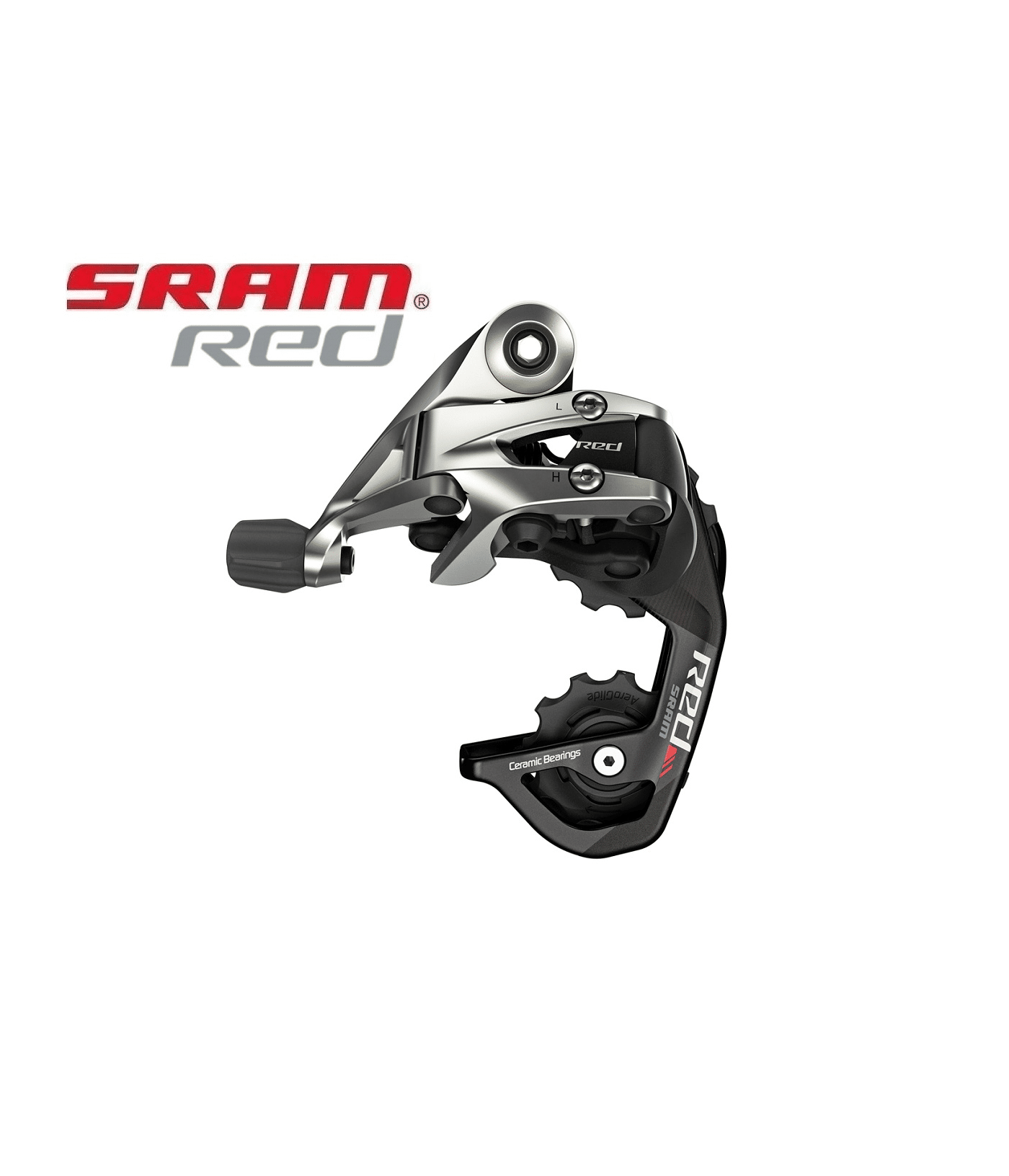 bakvaxel-sram-red-11-vxl.png Silverfärgad och svart SRAM Red 11-växlad bakväxel visas i detalj, framhävd mot en ljus bakgrund. Produktfotografering med skärpa på växlingsmekanismen och 'Ceramic Bearings'.