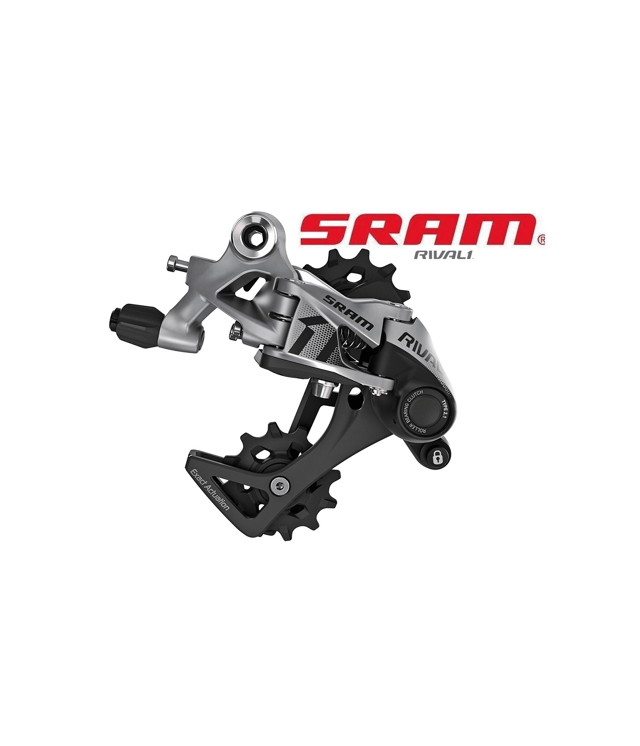 bakvaxel-sram-rival-1-type-30-11-vxl.png Detaljrik bild av en SRAM Rival 1 Type 3.0, 11-växlad bakväxel. Silvriga och svarta detaljer framträder under stark belysning, vilket lyfter fram dess komplexa mekanik.