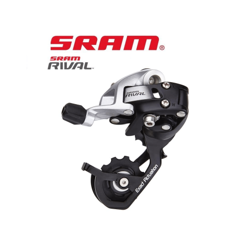 Detaljerad bild av en Sram Rival 22 bakväxel för 11-växlade cyklar. Metallisk silver och mattsvart finish