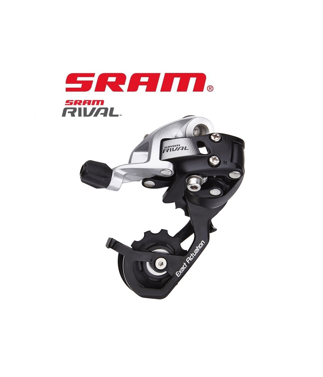 bakvaxel-sram-rival-22-11-vxl.png Detaljerad bild av en Sram Rival 22 bakväxel för 11-växlade cyklar. Metallisk silver och mattsvart finish, tydlig produktmärkning och väl definierade detaljer i bra belysning.
